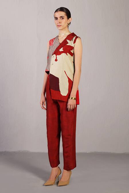 Shop_Clos_Multi Color Dupion, Silk V-neck Floro Crimson Red Jacket Set _Online_at_Aza_Fashions