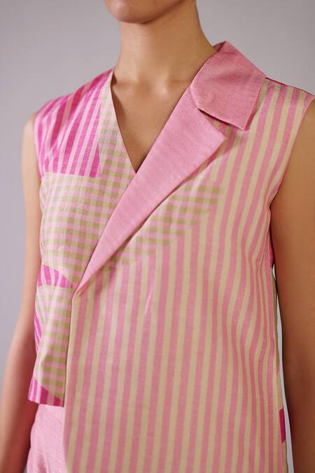 Clos_Pink Dupion, Silk V-neck Floro Lemonade Jacket Set _Online_at_Aza_Fashions