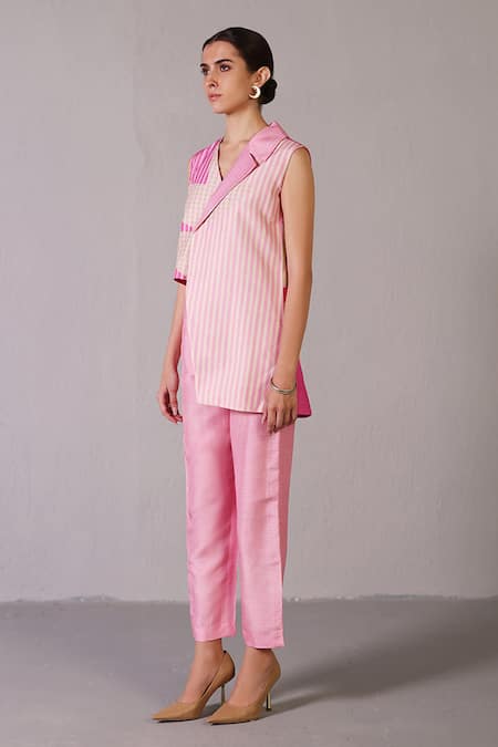 Shop_Clos_Pink Dupion, Silk V-neck Floro Lemonade Jacket Set _Online_at_Aza_Fashions