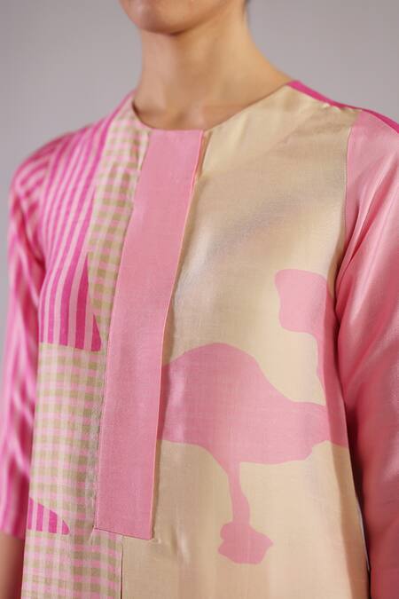 Shop_Clos_Pink Dupion, Silk Round Neck Floro Lemonade Kurta Set _Online_at_Aza_Fashions