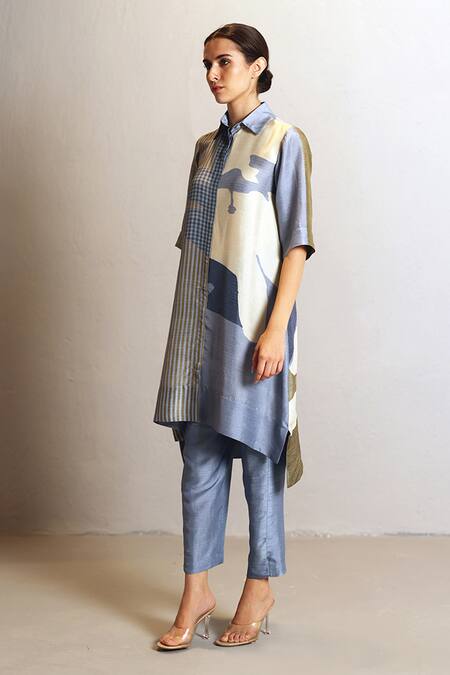 Clos_Multi Color Dupion, Silk Collared, Floro Pattern Metal Grey Kurta Set _Online_at_Aza_Fashions