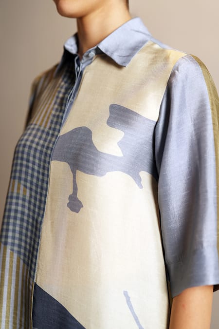 Buy_Clos_Multi Color Dupion, Silk Collared, Floro Pattern Metal Grey Kurta Set _Online_at_Aza_Fashions