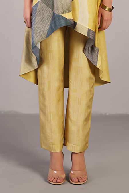 Clos_Yellow Dupion, Silk V-, Square Whorl Abstract Pattern Jacket And Pant Set _Online_at_Aza_Fashions