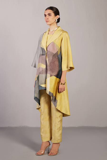 Buy_Clos_Yellow Dupion, Silk V-, Square Whorl Abstract Pattern Jacket And Pant Set _Online_at_Aza_Fashions
