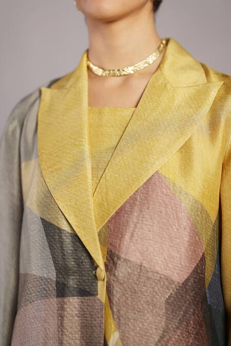 Shop_Clos_Yellow Dupion, Silk V-, Square Whorl Abstract Pattern Jacket And Pant Set _Online_at_Aza_Fashions