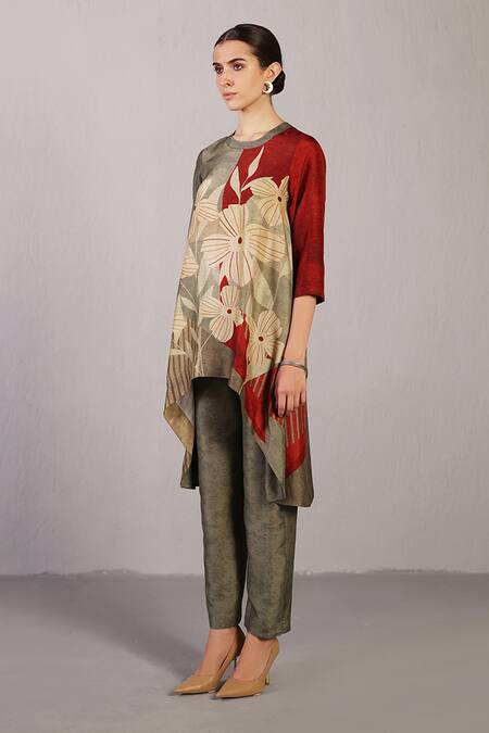 Clos_Wine Dupion, Silk Round Neck Botanica Pattern Kurta With Pant _Online_at_Aza_Fashions