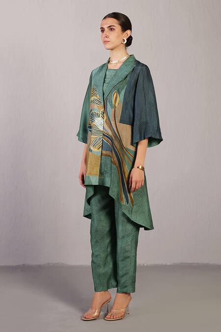 Shop_Clos_Green Dupion, Silk V-neck, Collared Patch Abstract Pattern Jacket And Pant Set _Online_at_Aza_Fashions