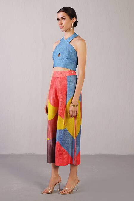 Clos_Blue Dupion, Silk Halter Neck Patch Top With Color Block Pant _Online_at_Aza_Fashions