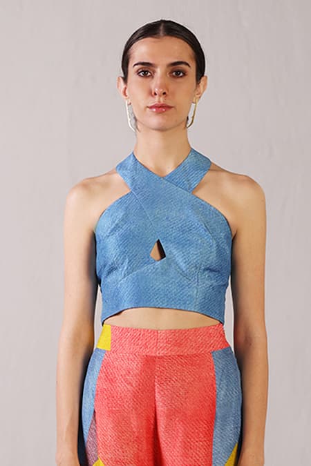 Buy_Clos_Blue Dupion, Silk Halter Neck Patch Top With Color Block Pant _Online_at_Aza_Fashions