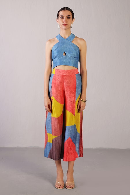 Clos Blue Dupion, Silk Halter Neck Patch Top With Color Block Pant 