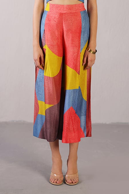 Shop_Clos_Blue Dupion, Silk Halter Neck Patch Top With Color Block Pant _Online_at_Aza_Fashions