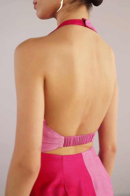 Clos_Pink Dupion, Silk Halter Neck Botanica Pattern Dress _Online_at_Aza_Fashions