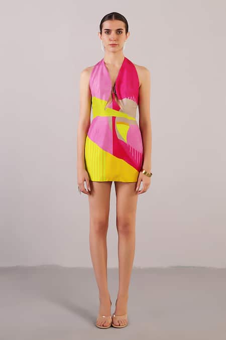 Clos Pink Dupion, Silk Halter Neck Botanica Pattern Dress 