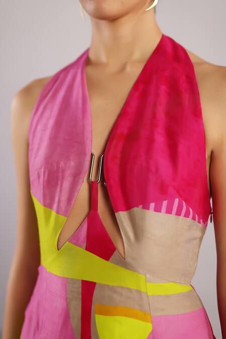 Shop_Clos_Pink Dupion, Silk Halter Neck Botanica Pattern Dress _Online_at_Aza_Fashions