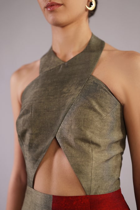 Clos Wine Silk, Dupion Halter Neck Botanica Pattern And Grey Dress Online at Aza Fashions Clos_Wine Silk, Dupion Halter Neck Botanica Pattern And Grey Dress _Online_at_Aza_Fashions