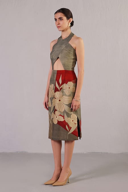 Buy Clos Wine Silk, Dupion Halter Neck Botanica Pattern And Grey Dress Online at Aza Fashions Buy_Clos_Wine Silk, Dupion Halter Neck Botanica Pattern And Grey Dress _Online_at_Aza_Fashions