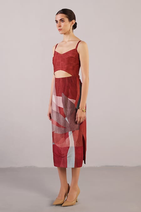 Clos_Red Dupion, Silk Sweetheart Neck Whorl Abstract Pattern Dress _Online_at_Aza_Fashions