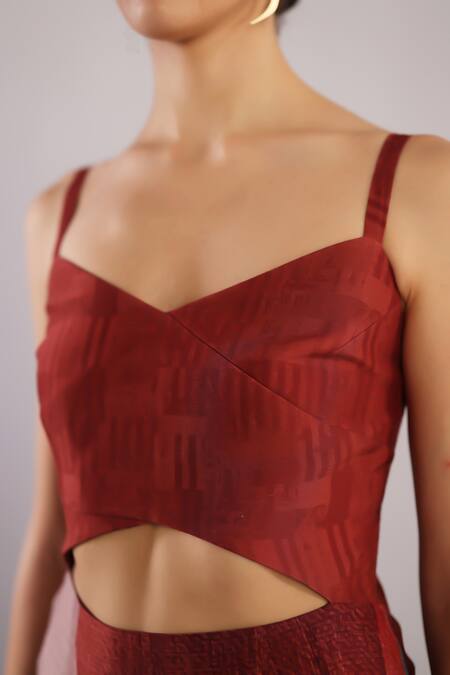 Buy_Clos_Red Dupion, Silk Sweetheart Neck Whorl Abstract Pattern Dress _Online_at_Aza_Fashions