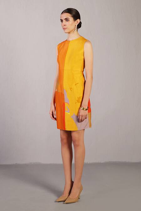 Clos_Orange Dupion, Silk Round Neck Stria And Yellow Dress _Online_at_Aza_Fashions