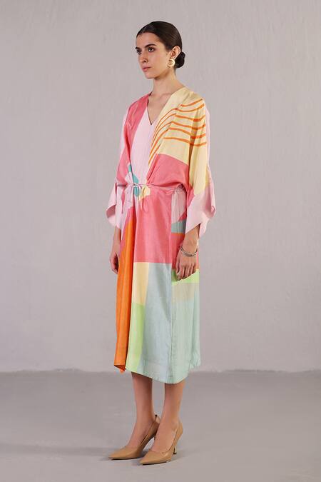 Clos_Multi Color Dupion, Silk V-neck Blaze Abstract Pattern Dress _Online_at_Aza_Fashions