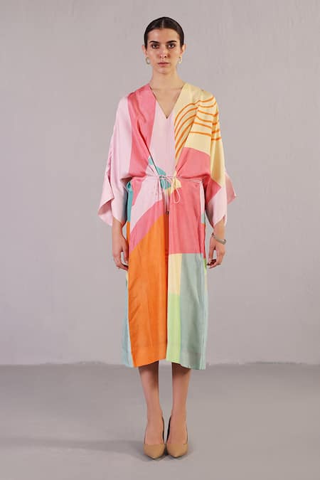 Clos Multi Color Dupion, Silk V-neck Blaze Abstract Pattern Dress 