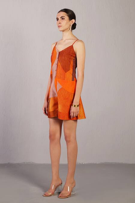 Clos_Orange Dupion, Silk V-neck Color Block Jumpsuit _Online_at_Aza_Fashions