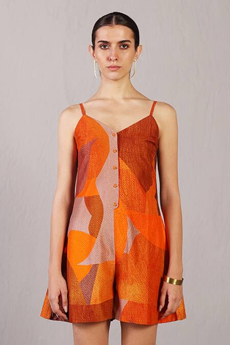 Buy_Clos_Orange Dupion, Silk V-neck Color Block Jumpsuit _Online_at_Aza_Fashions