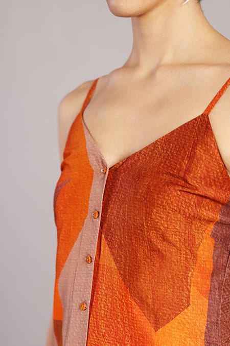 Shop_Clos_Orange Dupion, Silk V-neck Color Block Jumpsuit _Online_at_Aza_Fashions