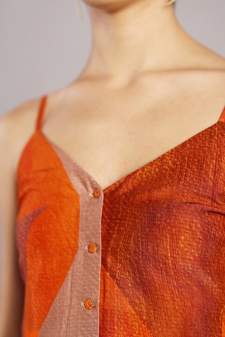 Clos_Orange Dupion, Silk V-neck Color Block Jumpsuit _at_Aza_Fashions