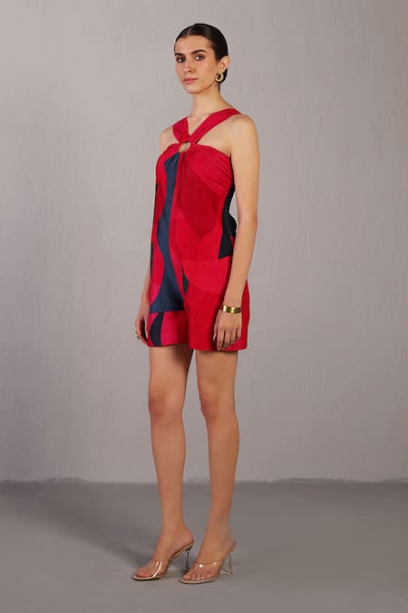 Clos_Red Silk, Dupion Halter Neck Color Block Jumpsuit _Online_at_Aza_Fashions