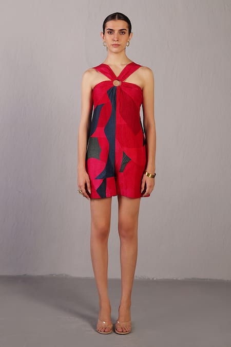 Clos Red Silk, Dupion Halter Neck Color Block Jumpsuit 