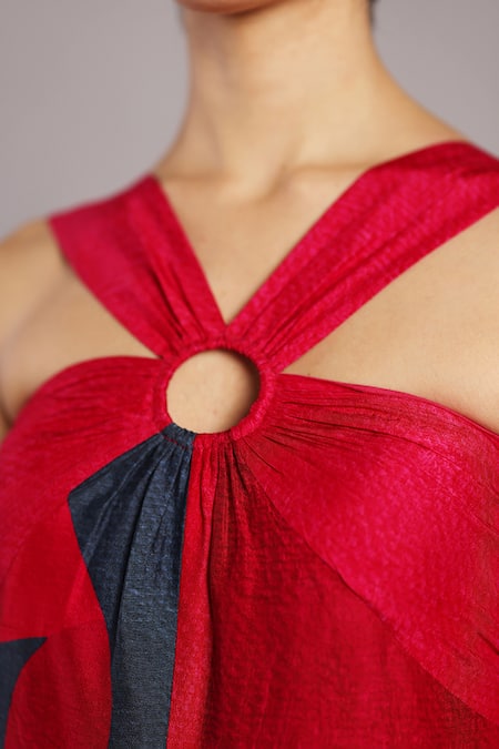 Shop_Clos_Red Silk, Dupion Halter Neck Color Block Jumpsuit _Online_at_Aza_Fashions