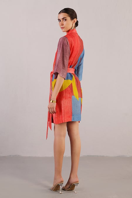 Buy_Clos_Multi Color Dupion, Silk Collared Abstract Pattern Dress _Online_at_Aza_Fashions