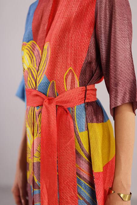 Shop_Clos_Multi Color Dupion, Silk Collared Abstract Pattern Dress _Online_at_Aza_Fashions