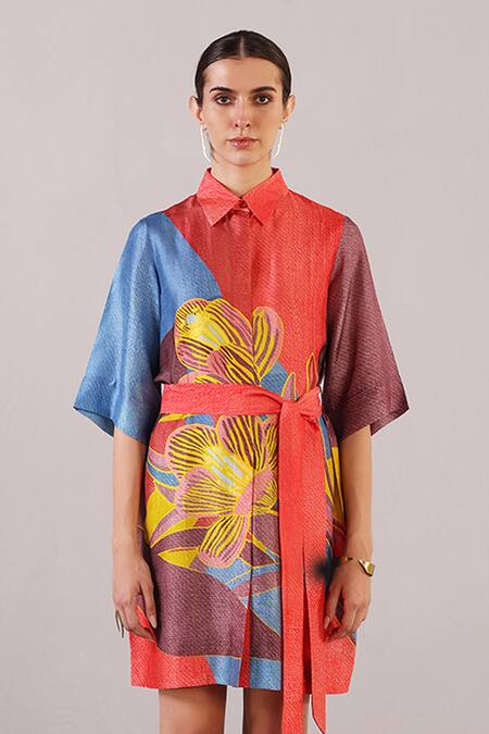 Clos_Multi Color Dupion, Silk Collared Abstract Pattern Dress _at_Aza_Fashions