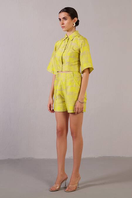 Clos_Yellow Dupion, Silk Collared Matrix Pattern Shirt With Shorts _Online_at_Aza_Fashions