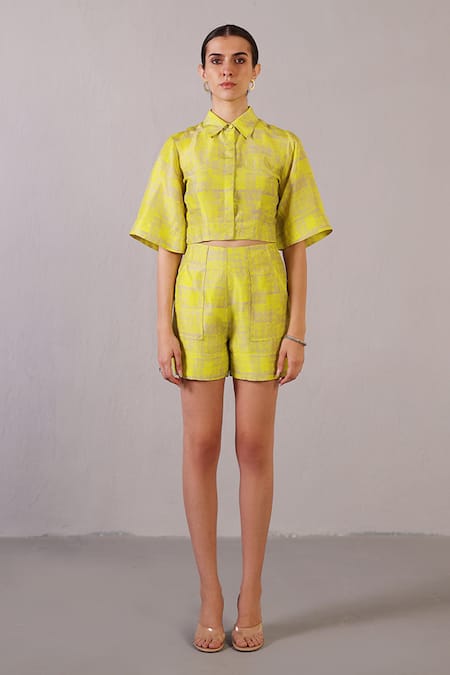 Clos Yellow Dupion, Silk Collared Matrix Pattern Shirt With Shorts 