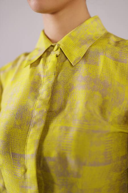 Buy_Clos_Yellow Dupion, Silk Collared Matrix Pattern Shirt With Shorts _Online_at_Aza_Fashions