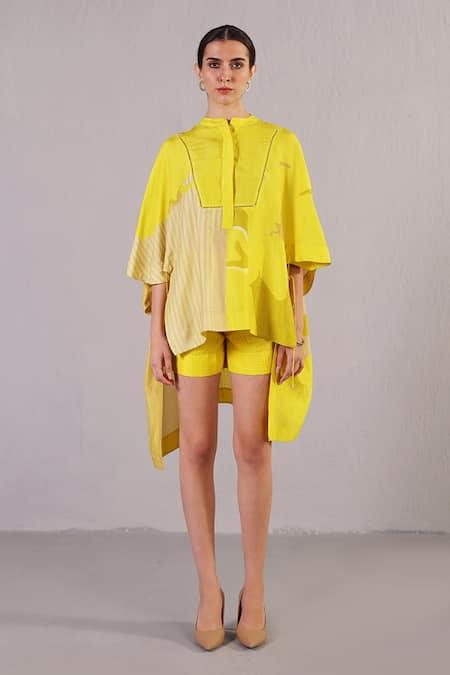Clos Yellow Dupion, Silk Collared Stria Pattern Kaftan With Shorts 