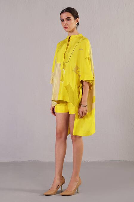 Buy_Clos_Yellow Dupion, Silk Collared Stria Pattern Kaftan With Shorts _Online_at_Aza_Fashions
