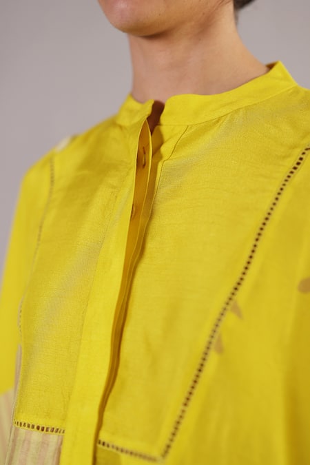 Shop_Clos_Yellow Dupion, Silk Collared Stria Pattern Kaftan With Shorts _Online_at_Aza_Fashions