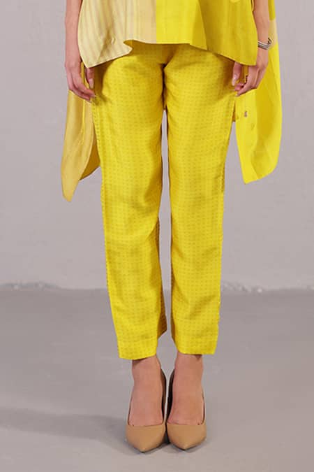 Clos_Yellow Dupion, Silk Mandarin Collar Stria Pattern Kaftan With Pant _Online_at_Aza_Fashions