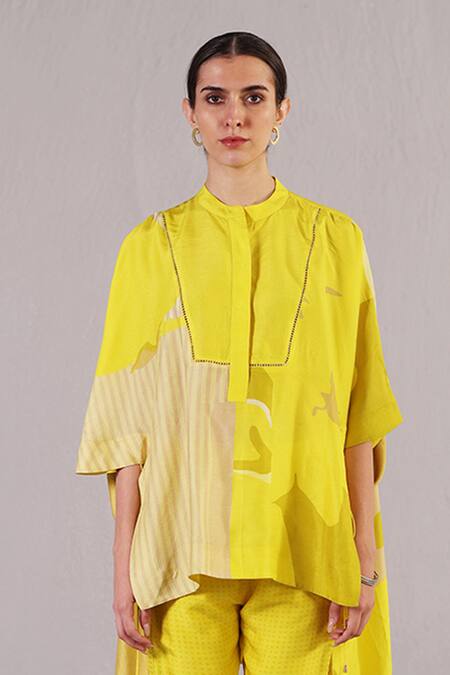 Shop_Clos_Yellow Dupion, Silk Mandarin Collar Stria Pattern Kaftan With Pant _Online_at_Aza_Fashions