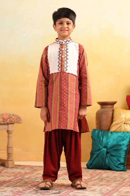 Shop_Cute Couture_Peach Cotton, Rayon Embroidery Geometric Pattern Kurta With Patiyala Pant _Online_at_Aza_Fashions