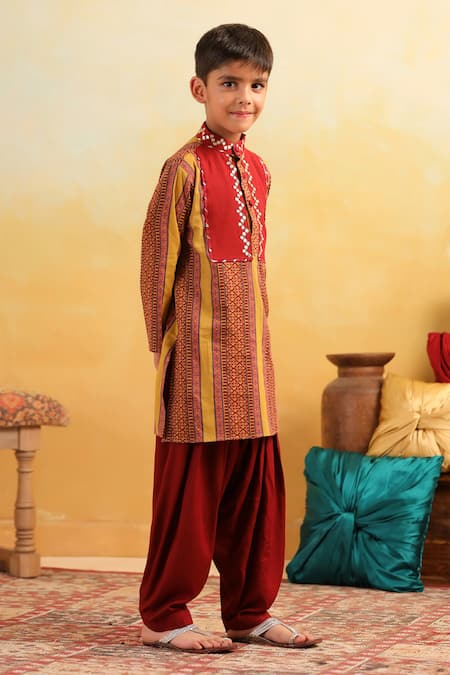 Shop_Cute Couture_Mustard Cotton, Rayon Mirrors Geometric Pattern Kurta With Patiyala Pant _Online_at_Aza_Fashions