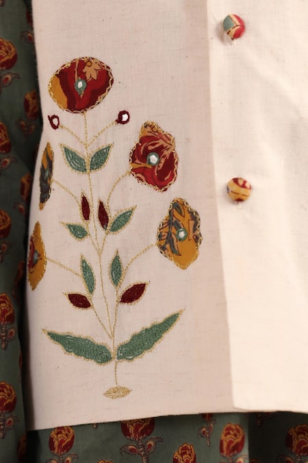 Buy_Cute Couture_Green Cotton Embroidery Floral Pattern Bundi And Kurta Set 