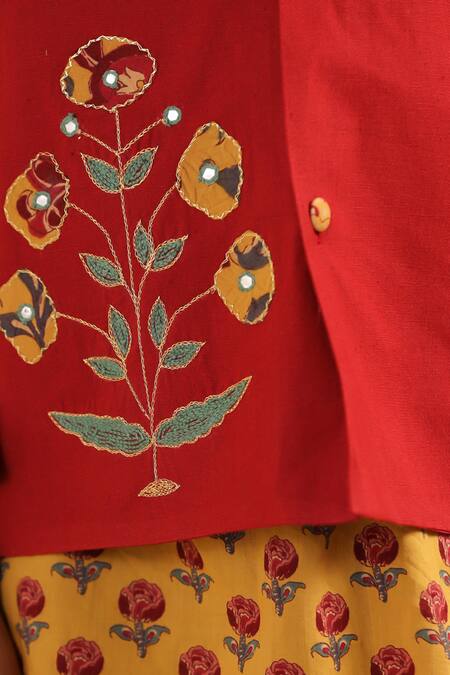 Buy_Cute Couture_Yellow Cotton Embroidery, Mirrors Floral Pattern Bundi And Kurta Set 