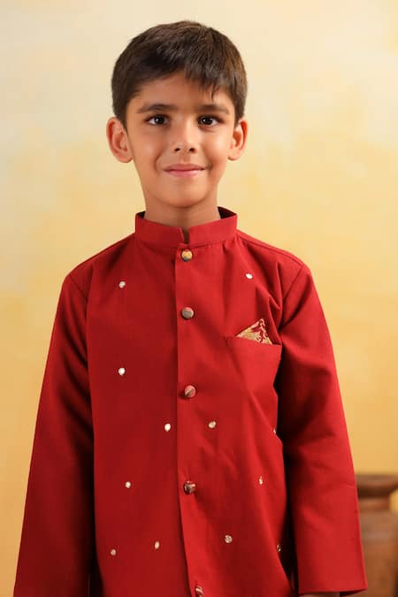 Cute Couture_Maroon Cotton Mirrors, Embroidery Floral Pattern Kurta With Dhoti Pant _Online_at_Aza_Fashions