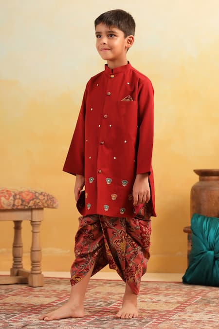 Buy_Cute Couture_Maroon Cotton Mirrors, Embroidery Floral Pattern Kurta With Dhoti Pant _Online_at_Aza_Fashions