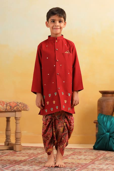Cute Couture Maroon Cotton Mirrors, Embroidery Floral Pattern Kurta With Dhoti Pant 